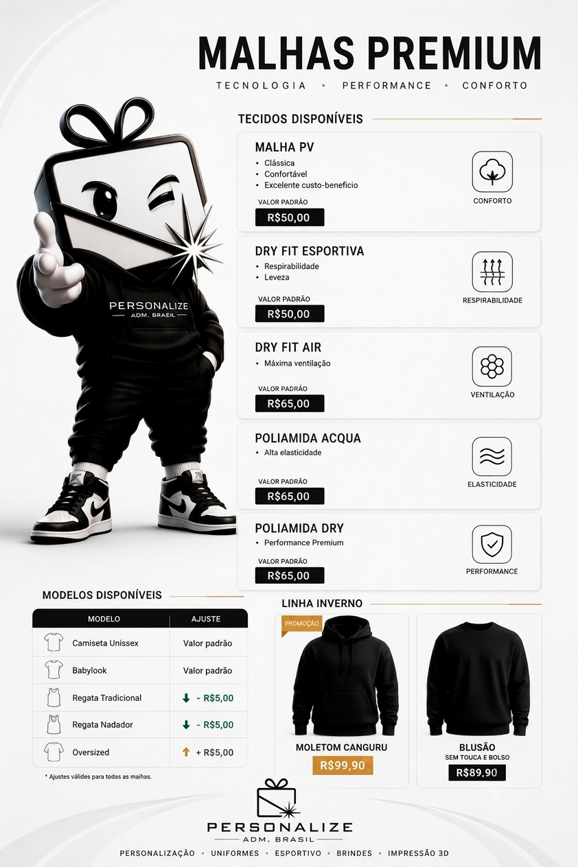Malhas premium e valores Personalize