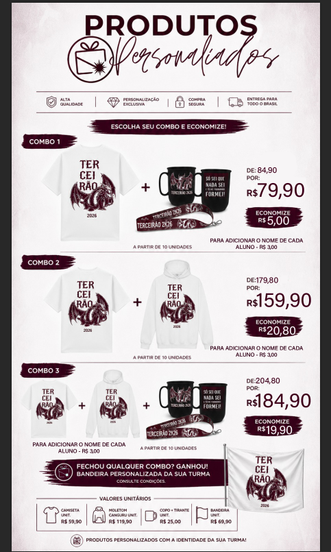 Combos e valores Terceirão Personalize